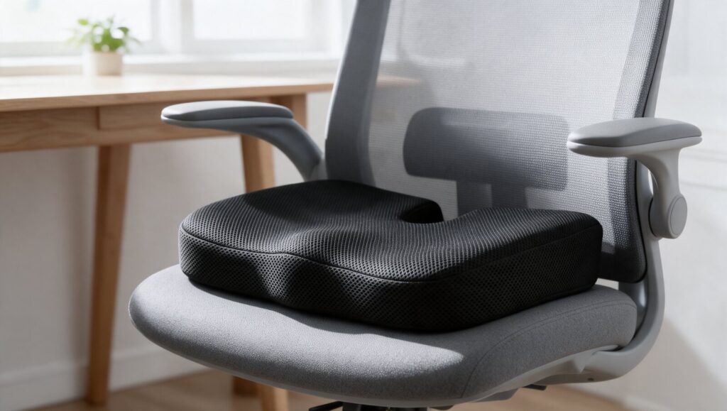 Coussin Assise+ posé sur une chaise de bureau, découpe contre le dossier