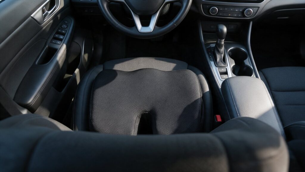 Coussin Assise+ posé sur le siège conducteur d'une voiture