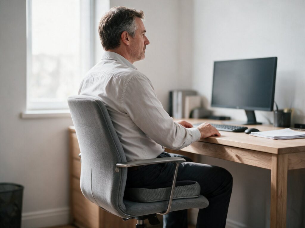 Homme assis à son bureau sur un coussin d'assise à découpe en U