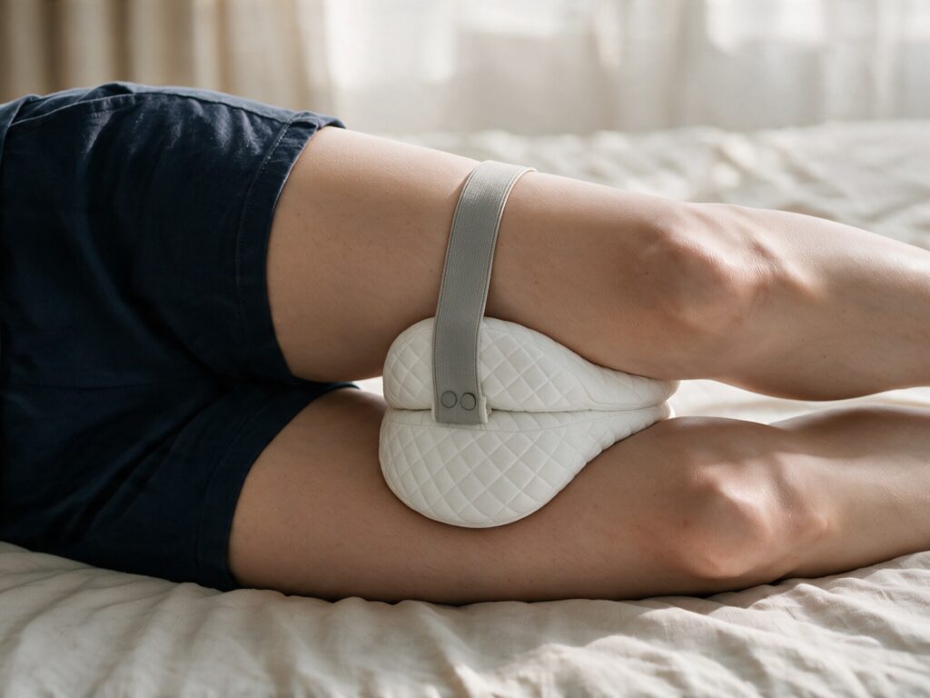 Coussin Sommeil+ entre les genoux, sur le côté