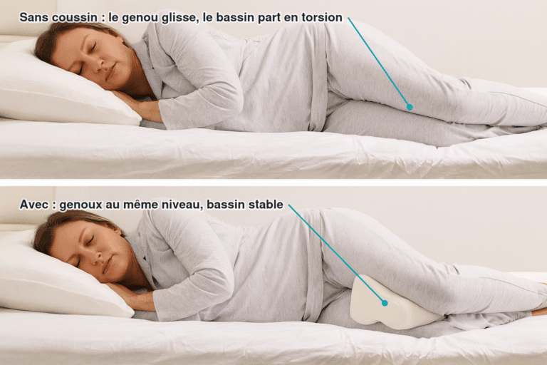 Comparaison avec et sans coussin entre les genoux