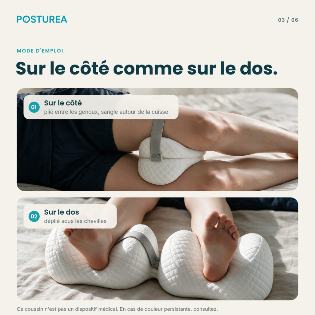 Sommeil+ sur le côté entre les genoux et sur le dos sous les chevilles
