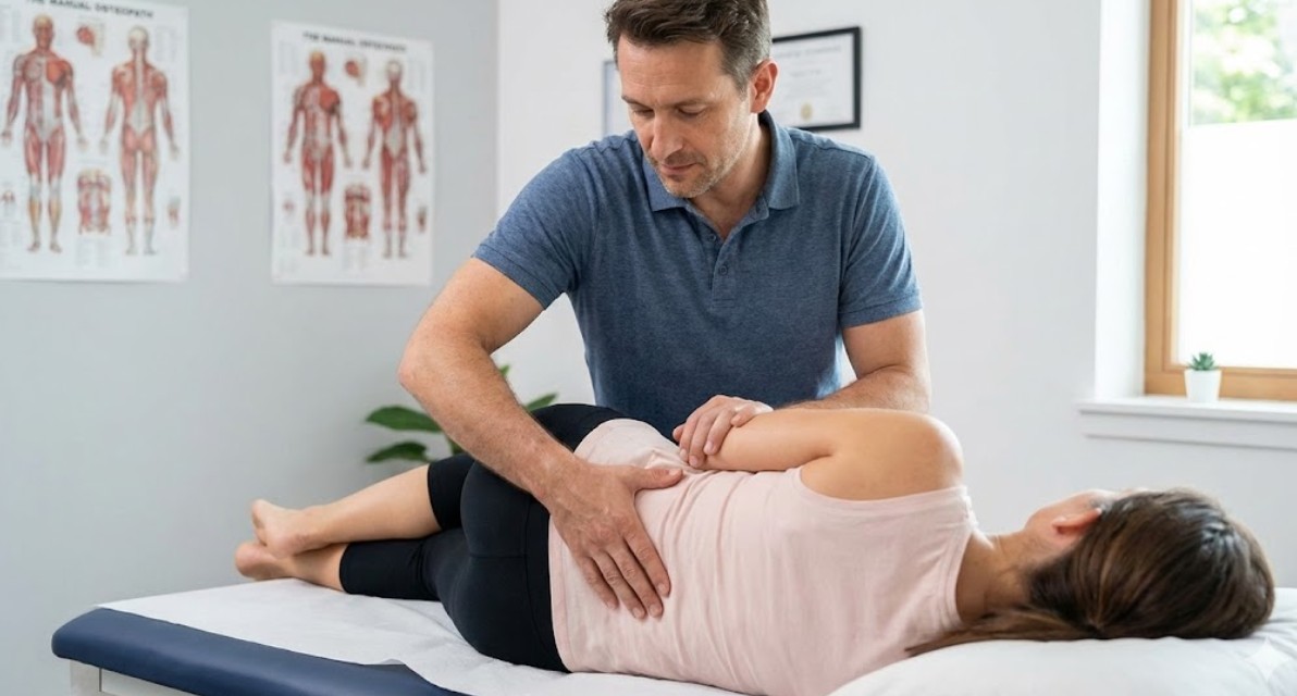 Ostéopathe effectuant une manipulation douce du bas du dos pour soulager une sciatique