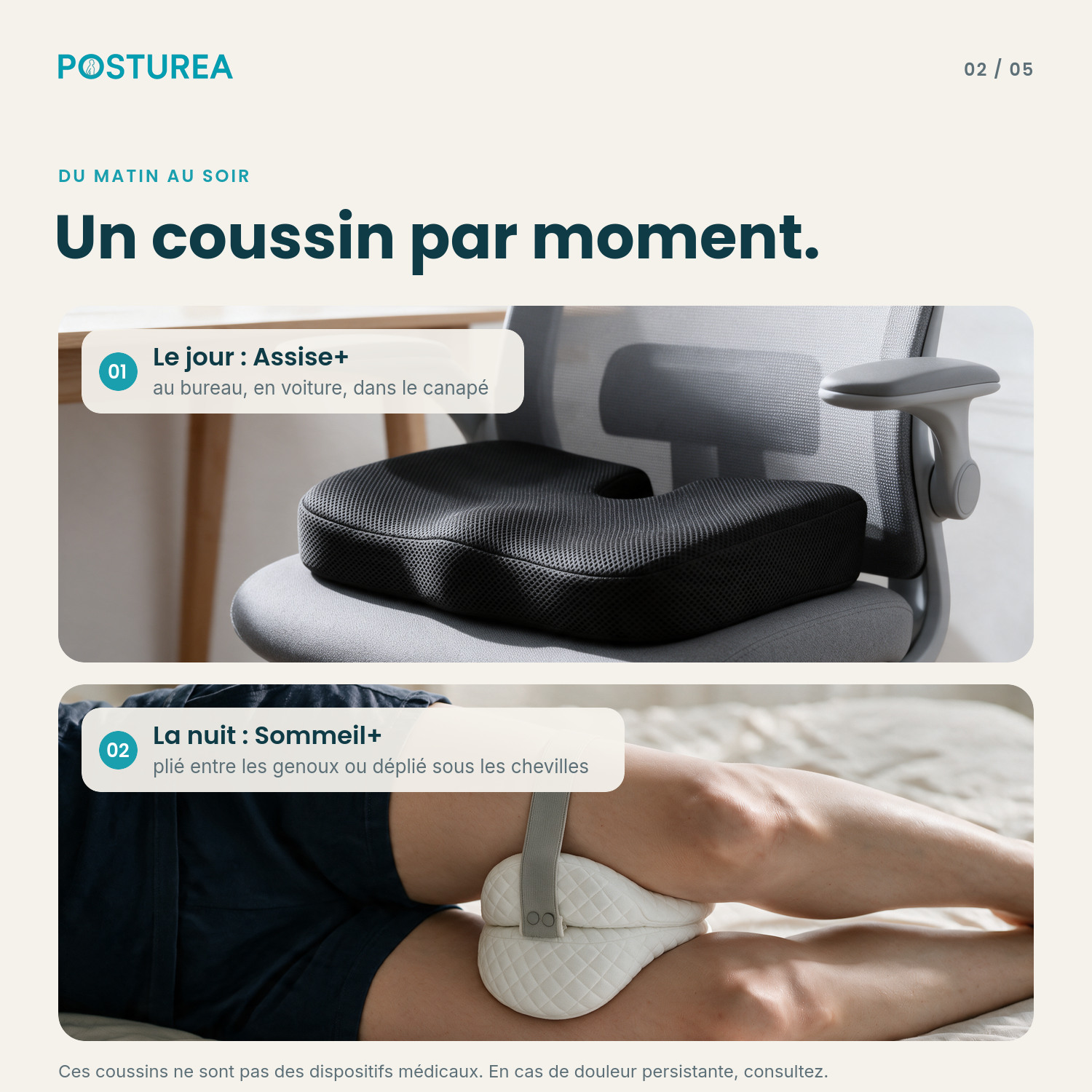 Assise+ au bureau, Sommeil+ entre les genoux la nuit