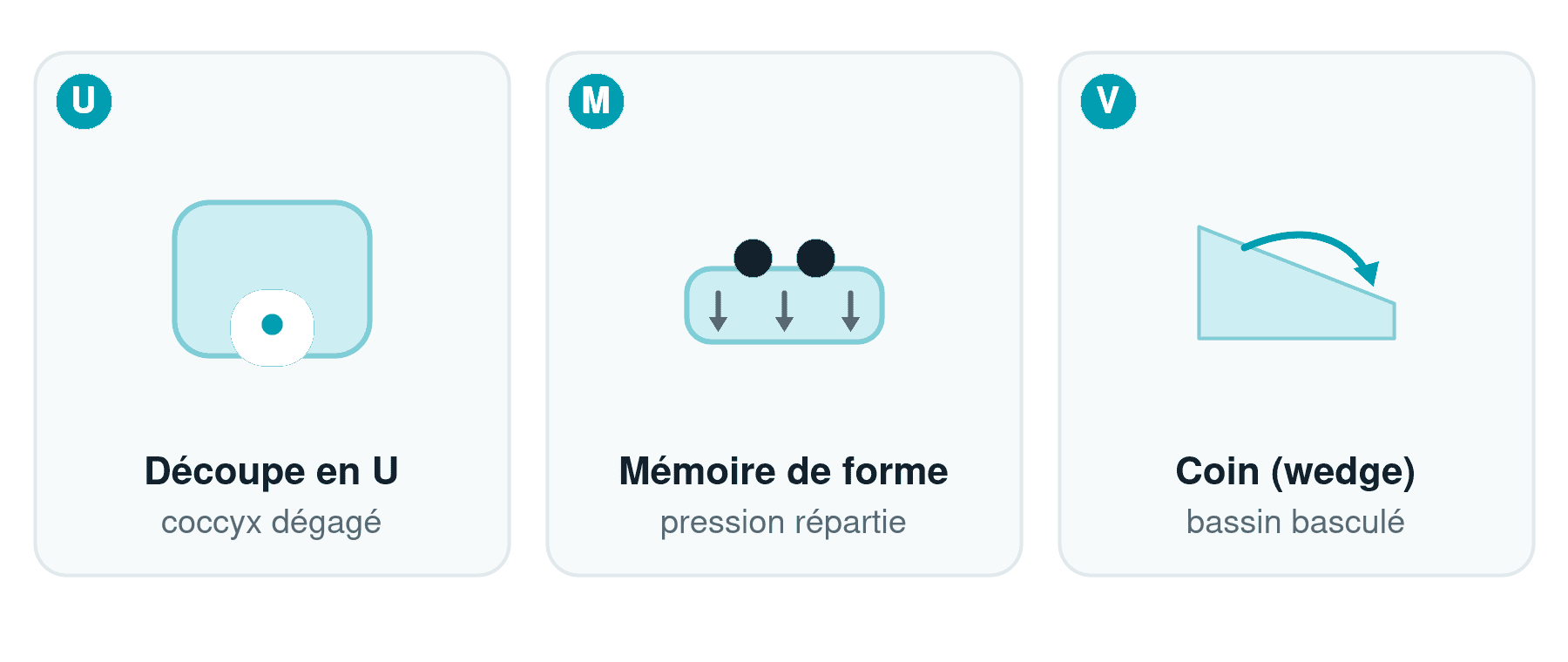 Schema des trois familles de coussins sciatique : decoupe en U qui degage le coccyx, mousse a memoire de forme qui repartit la pression, coin incline qui bascule le bassin