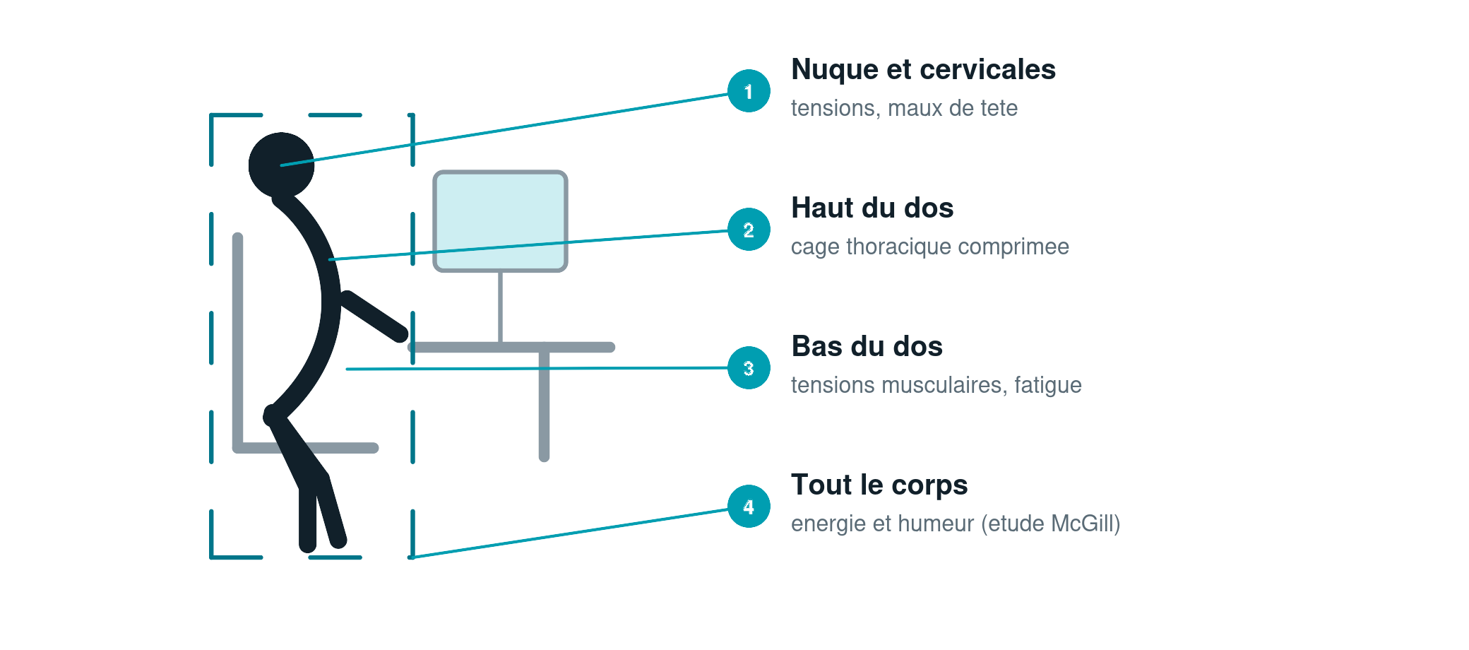 Schéma des zones touchées par une posture affaissée prolongée : nuque, haut du dos, bas du dos, énergie globale