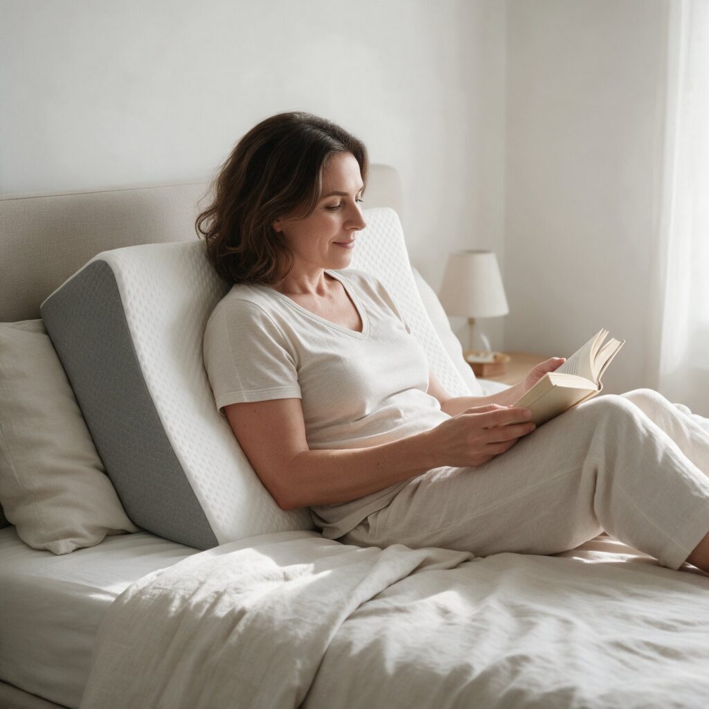 Femme lisant au lit, adossée au coussin Jambes+