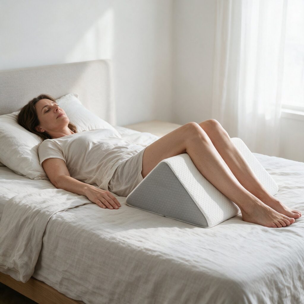 Femme allongée sur le dos, les genoux posés sur le coussin Jambes+