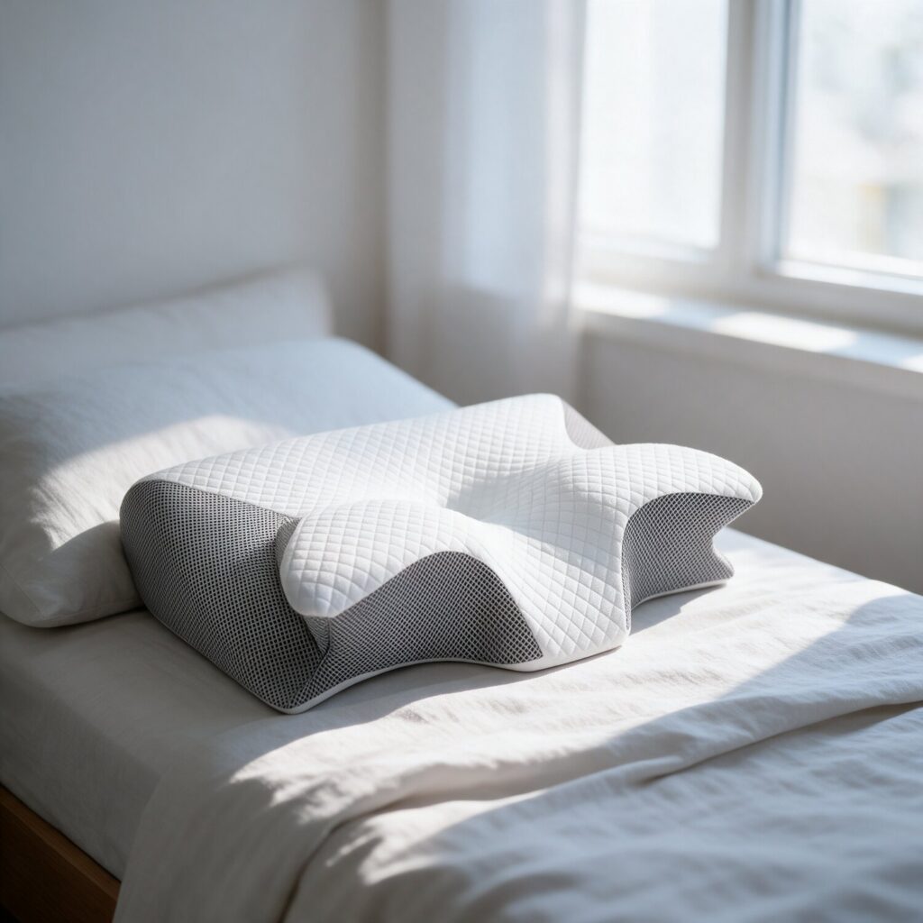 Oreiller cervical Nuque+ sur un lit