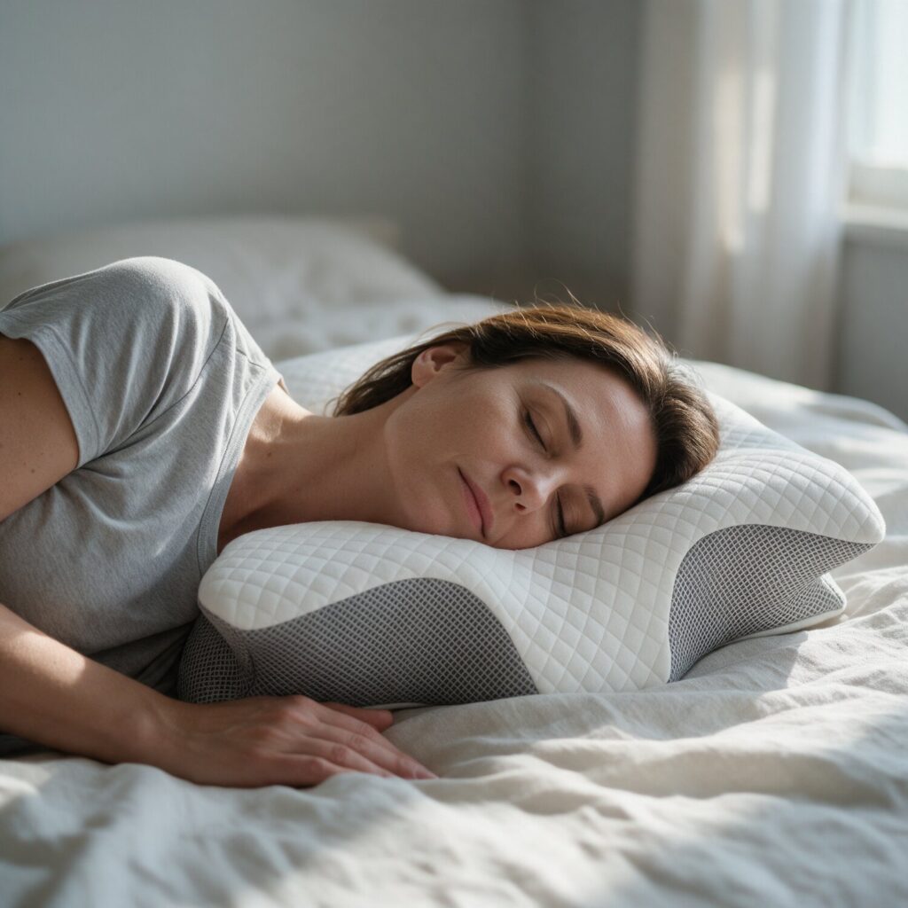 Femme endormie sur le côté, la tête sur une aile de l'oreiller Nuque+