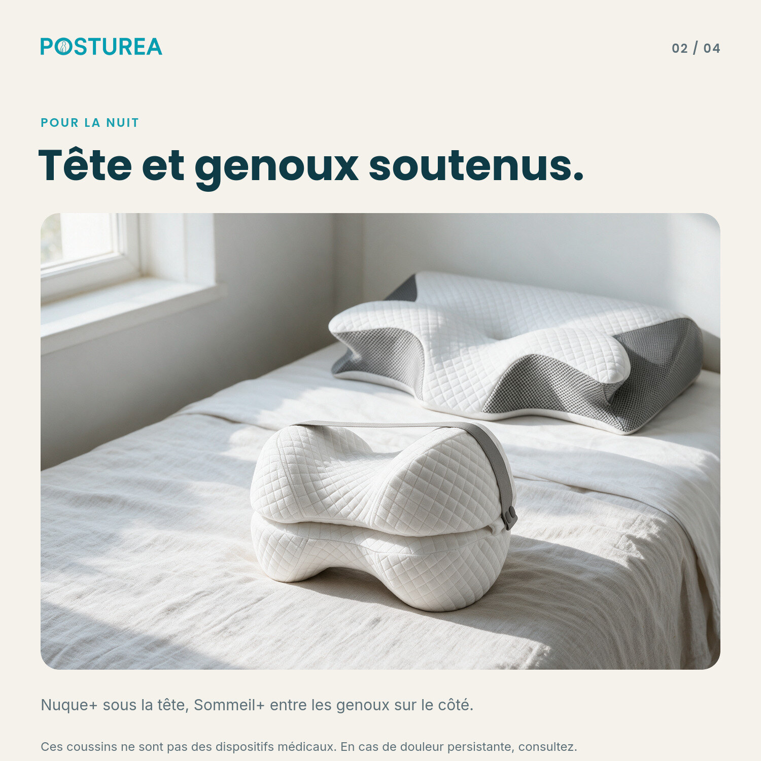 Oreiller Nuque+ et coussin Sommeil+ sur un lit