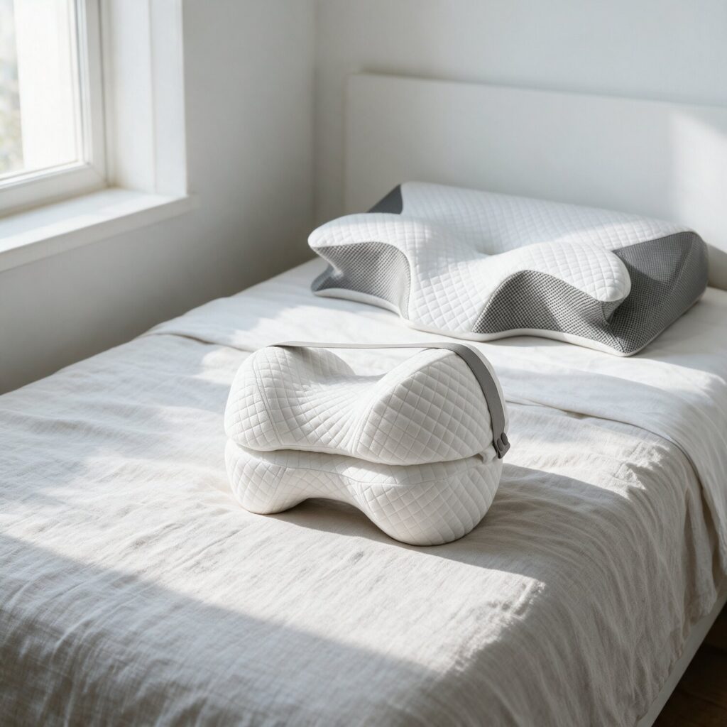 Oreiller Nuque+ et coussin Sommeil+ posés sur un lit