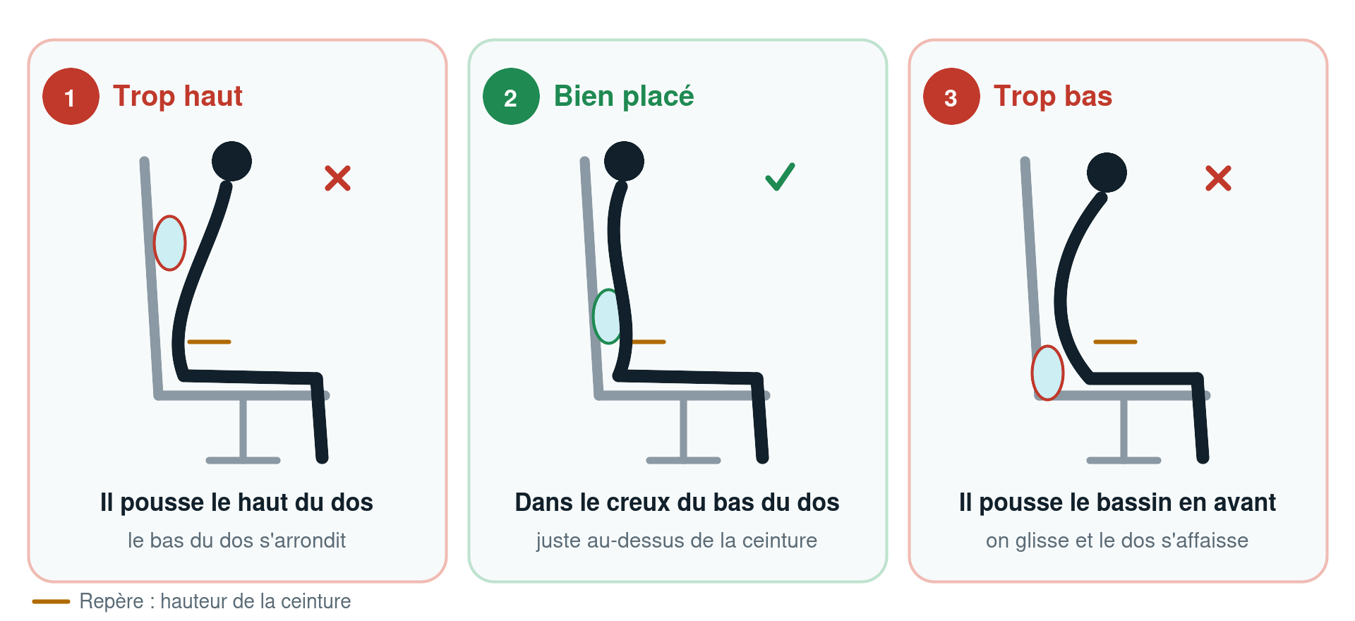 Schéma de profil d'une personne assise comparant un coussin lombaire placé trop haut, bien placé dans le creux du bas du dos juste au-dessus de la ceinture, et trop bas derrière le bassin